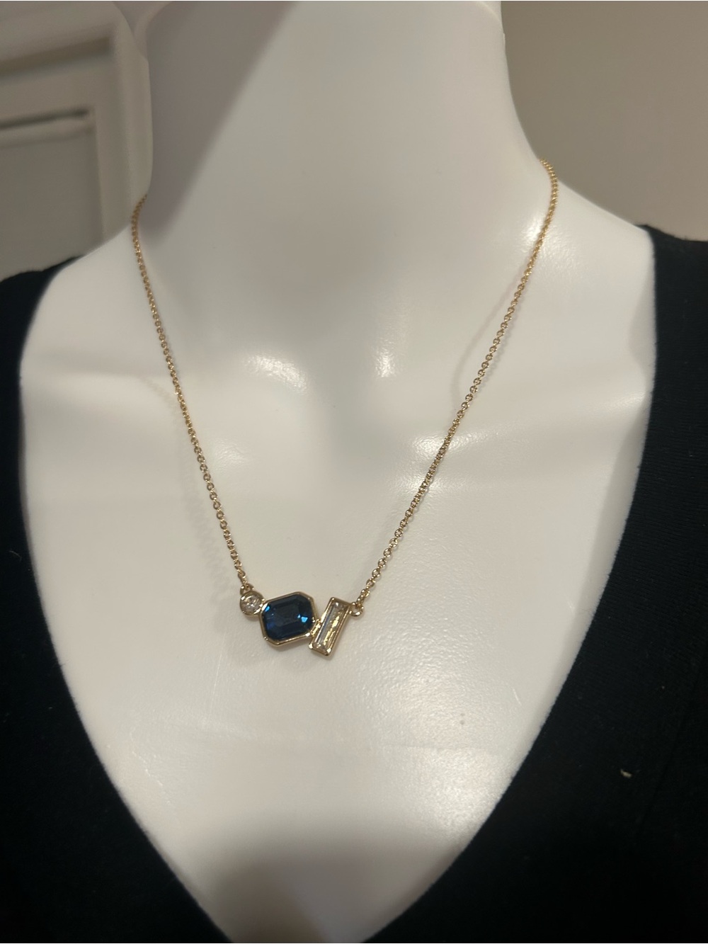 Gold Chain Necklace with Sapphire & Clear Pendant
